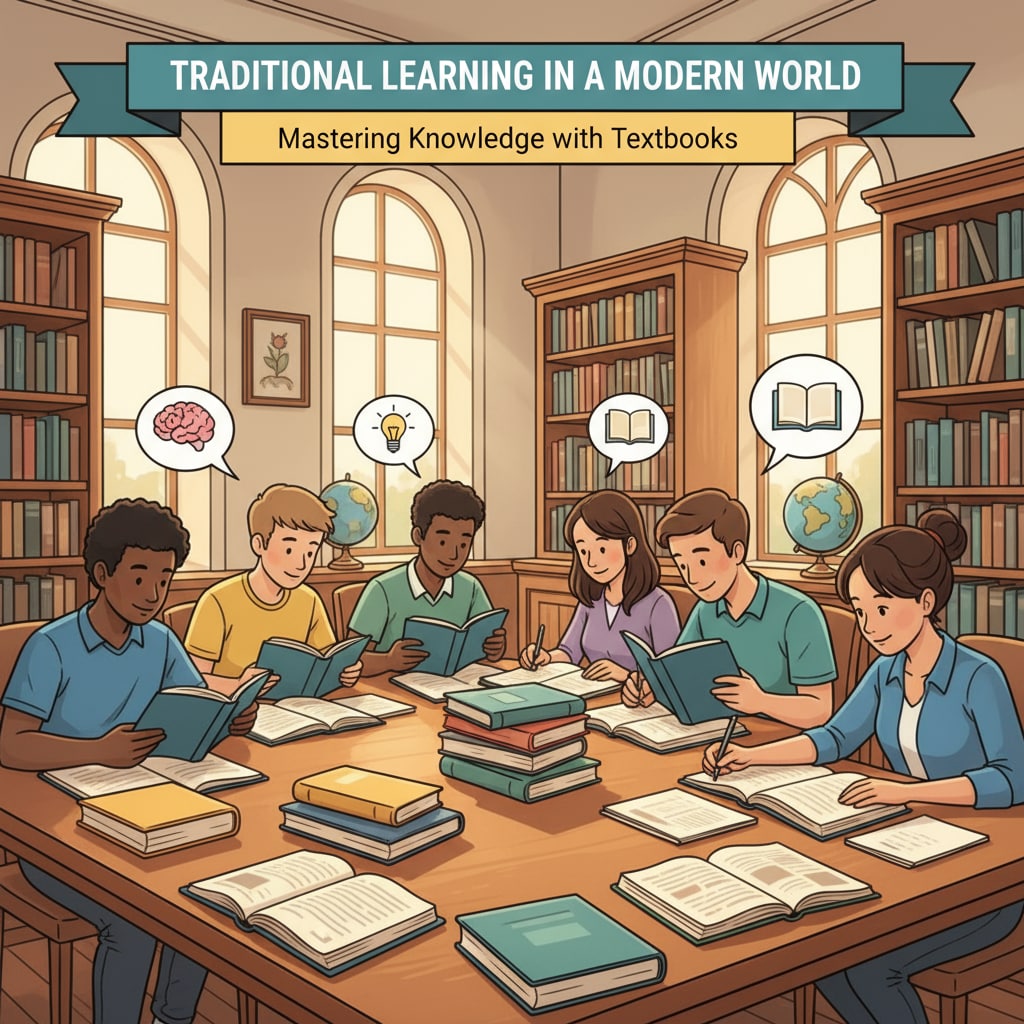 Students studying from textbooks in a library as a part of traditional learning