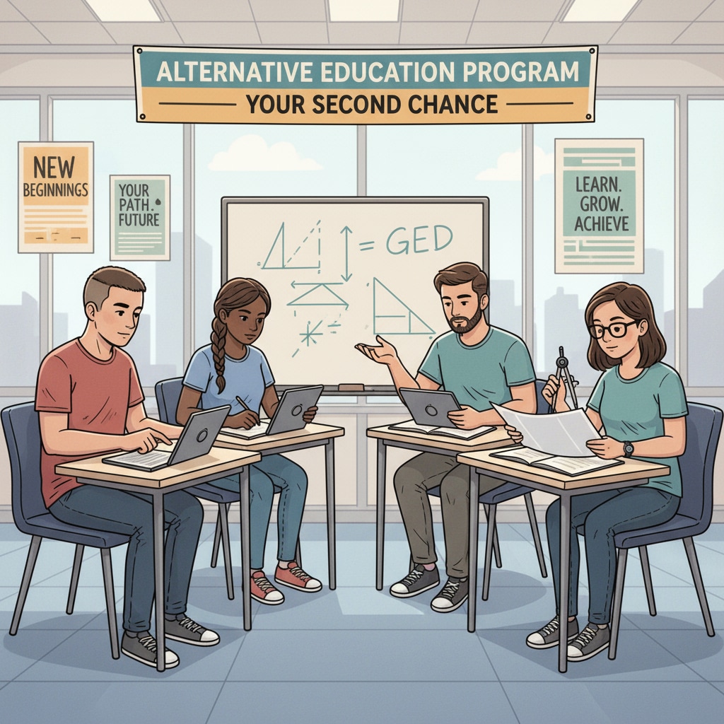 A group of teenagers sitting at desks, looking determined to learn. This image represents the motivation of dropout teenagers to restart their educational journey through GED or other alternative educational paths. Dropout teenagers showing determination to learn through GED and alternative educational choices