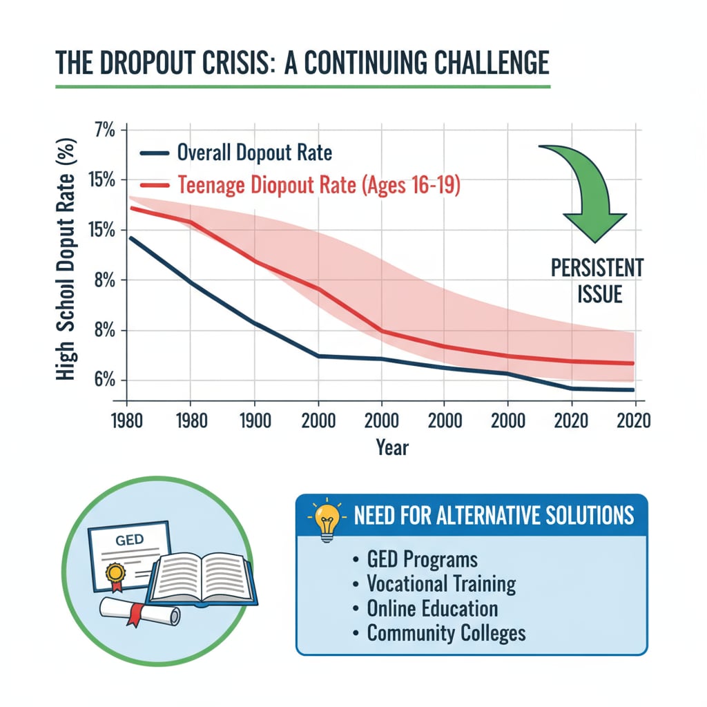 Graph showing the dropout rate over the years. This graph highlights the persistent issue of teenage dropouts, emphasizing the need for alternative educational solutions like GED. Graph depicting the dropout rate related to GED and alternative educational choices for teenagers