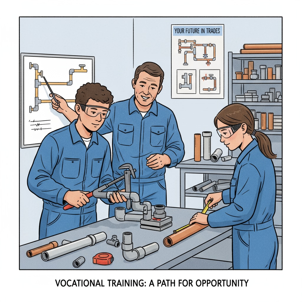 Teenagers learning a vocational skill like plumbing. This image showcases one of the alternative educational choices available to dropout teenagers. Teenagers exploring alternative educational choices like vocational training in relation to GED