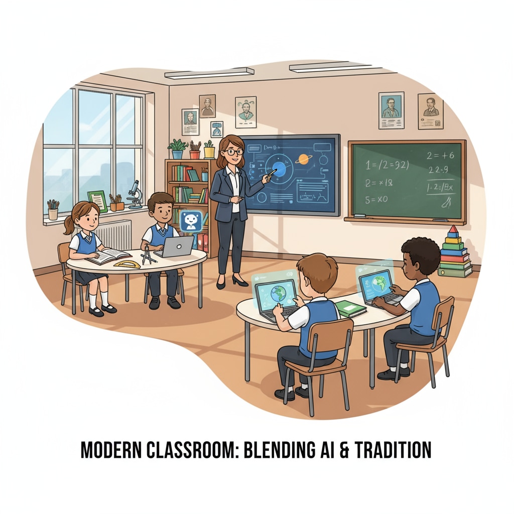 Students are using AI devices such as tablets and laptops in a classroom setting. The scene shows a mix of students interacting with the technology and traditional teaching materials, indicating the coexistence of modern AI technology and traditional learning methods. AI use in a K12 classroom related to academic integrity and skill development