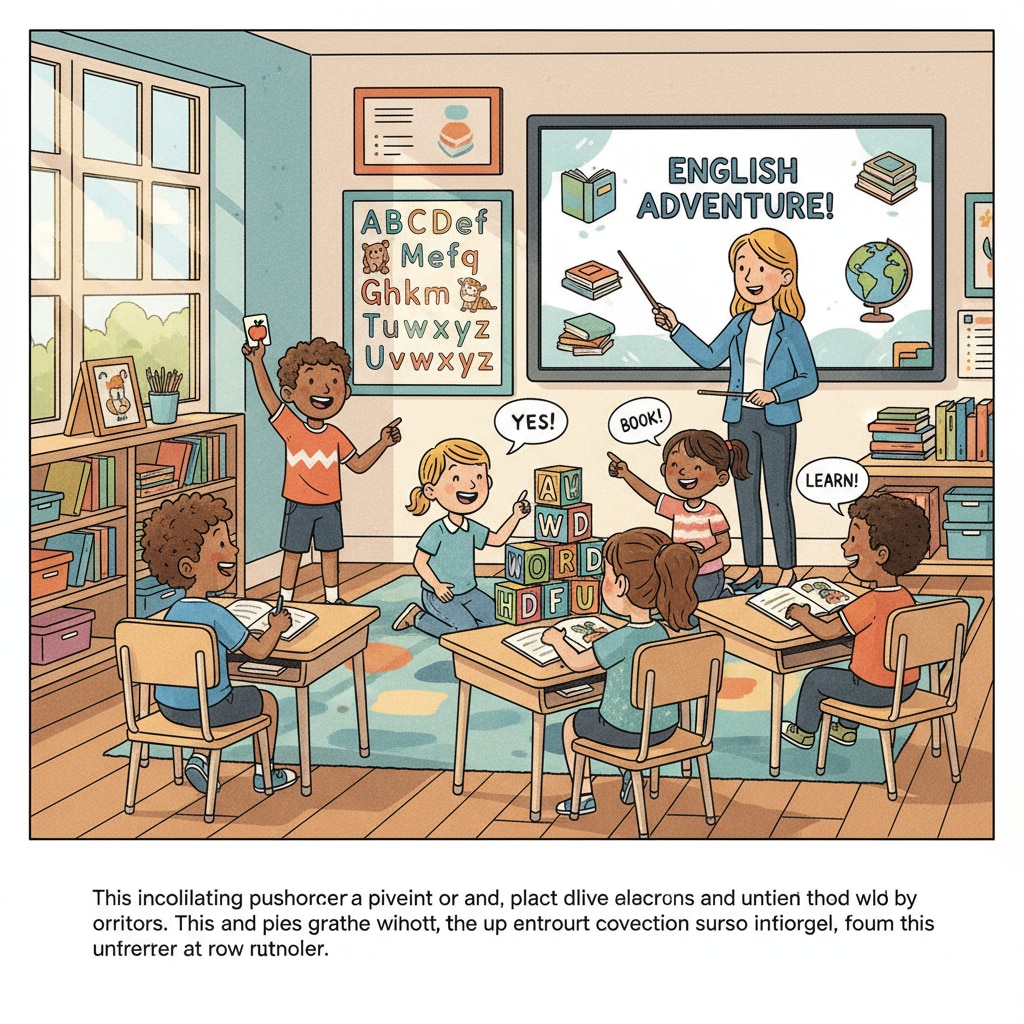 A classroom scene where lower primary students are actively involved in an English class, showing enthusiasm for learning. Lower primary students engaged in second language teaching and learning activities