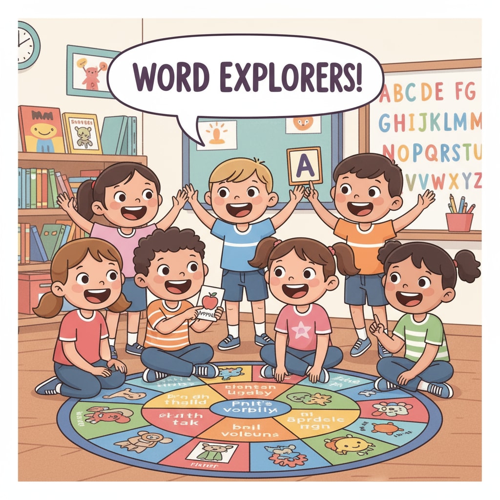 A group of lower primary students playing an English vocabulary game, with smiles on their faces, indicating an enjoyable learning experience. Lower primary students enjoying English learning through game-based teaching methods