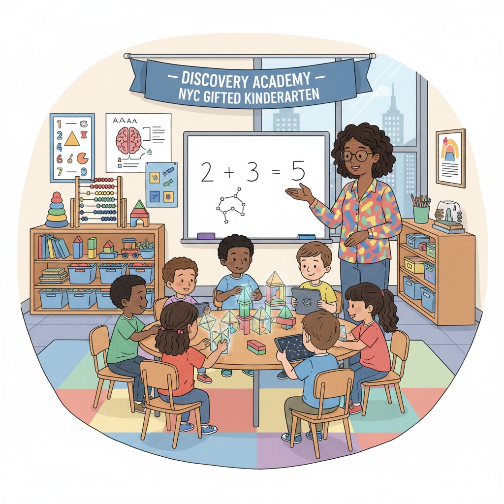 A classroom scene showing children in a gifted kindergarten program in New York City, with colorful teaching materials and engaged students. A classroom scene of a gifted kindergarten program in New York City related to educational equality and elite cultivation