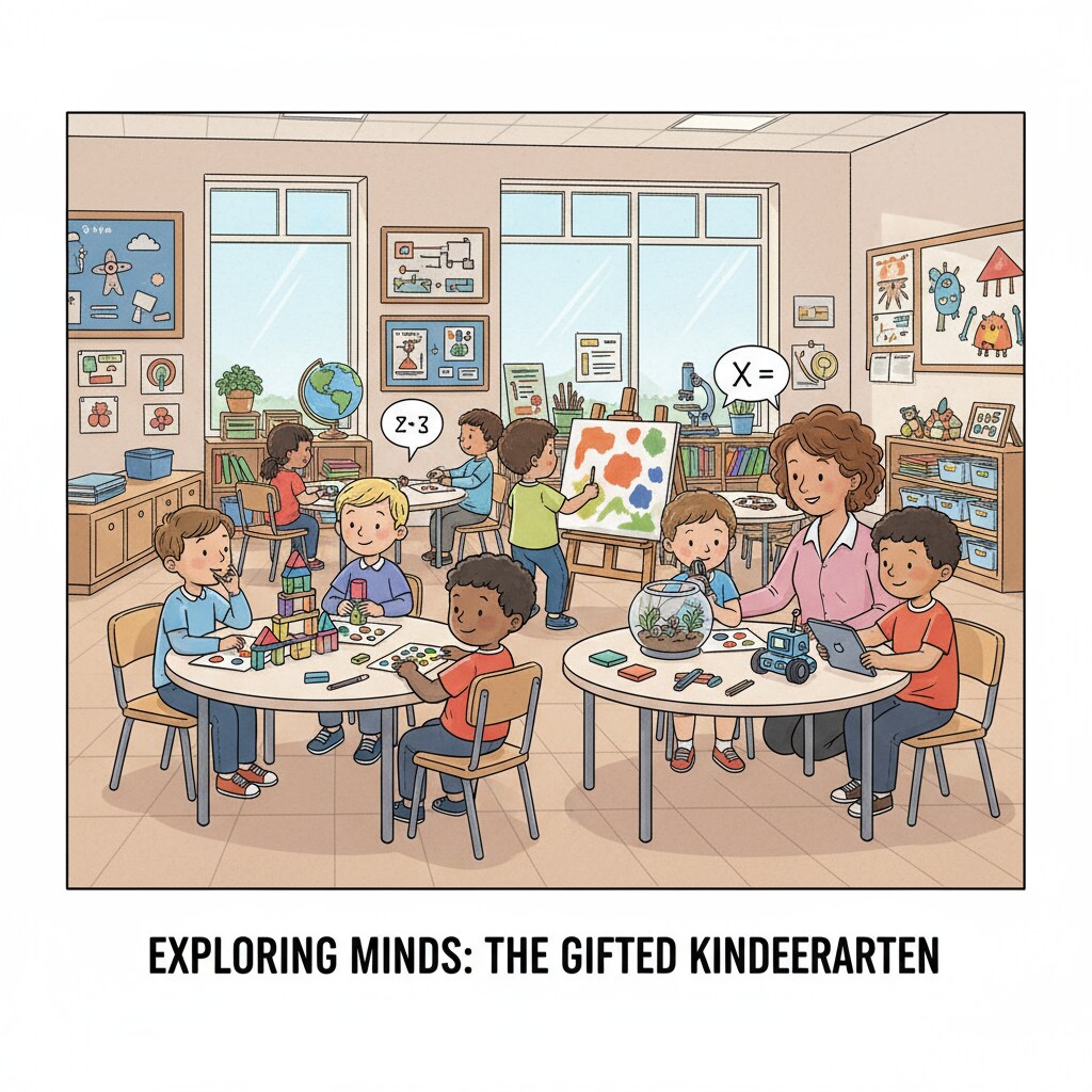 A group of young children actively participating in a creative activity in a gifted kindergarten, highlighting the learning environment. A group of children in a gifted kindergarten engaged in a creative activity relevant to educational equality and elite development