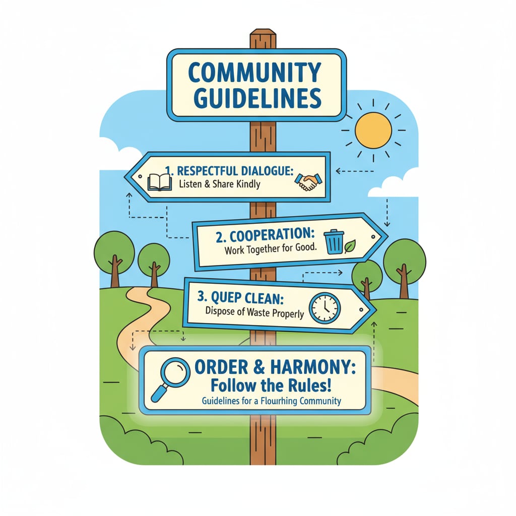 A signpost with clear community rules written on it, emphasizing the importance of guidelines in maintaining order. Signpost displaying community rules relevant to educational networks and posting guidelines