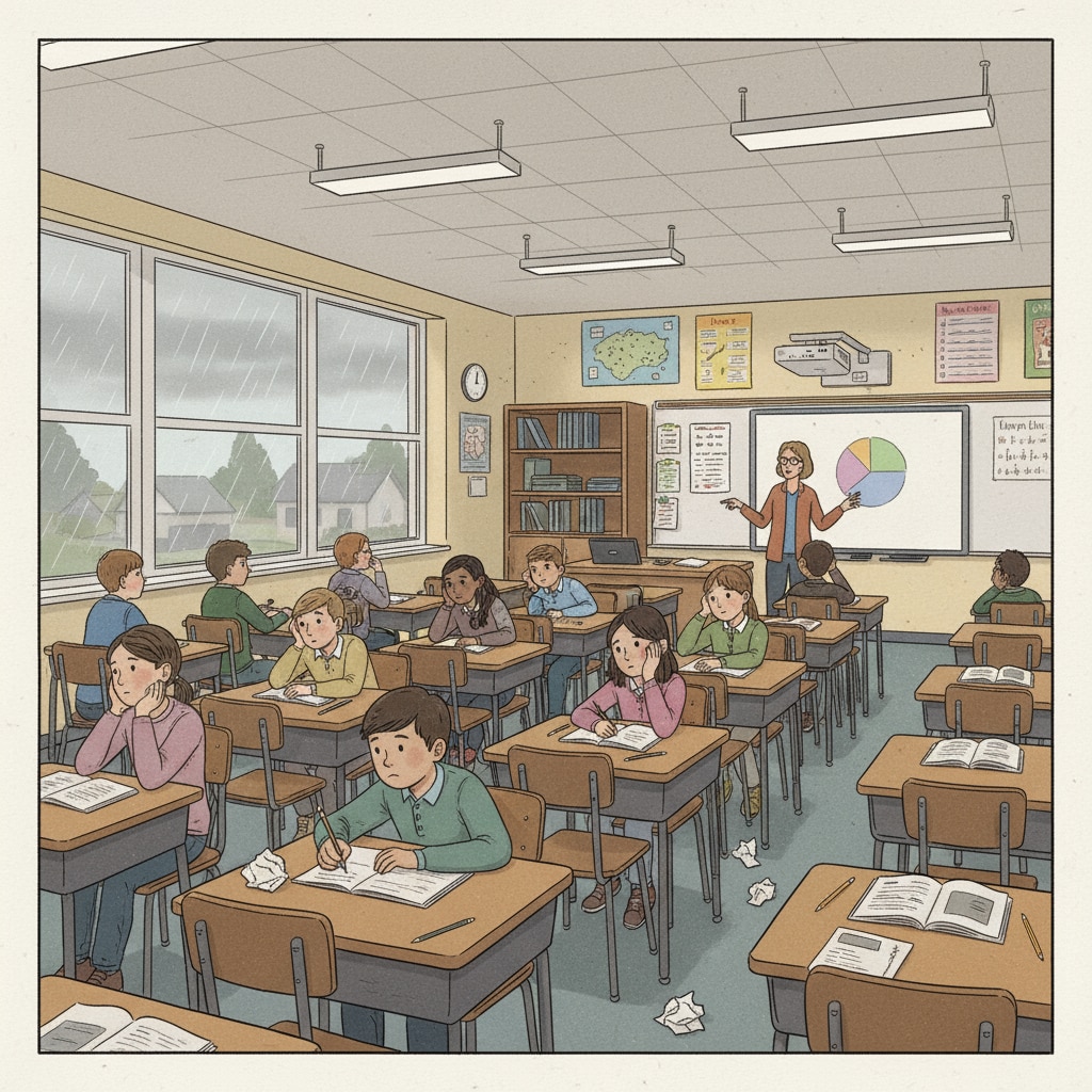 A classroom scene in an American K-12 school showing students looking disinterested. Students are sitting at their desks, some looking out of the window, and the overall atmosphere seems dull. Classroom scene in American K-12 school highlighting lack of student interest related to American education system, cultural deficiencies, and social awareness