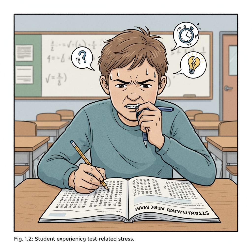 A student sitting at a desk, stressed while taking a standardized test. The student has a furrowed brow and is biting the end of a pen, looking worried. A stressed student during a standardized test related to American education system, cultural deficiencies, and social awareness