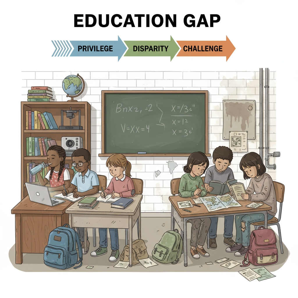 A classroom scene showing students from different social backgrounds, with differences in their appearance and the resources around them, highlighting the impact of social class on education. American school students from different social classes in a classroom