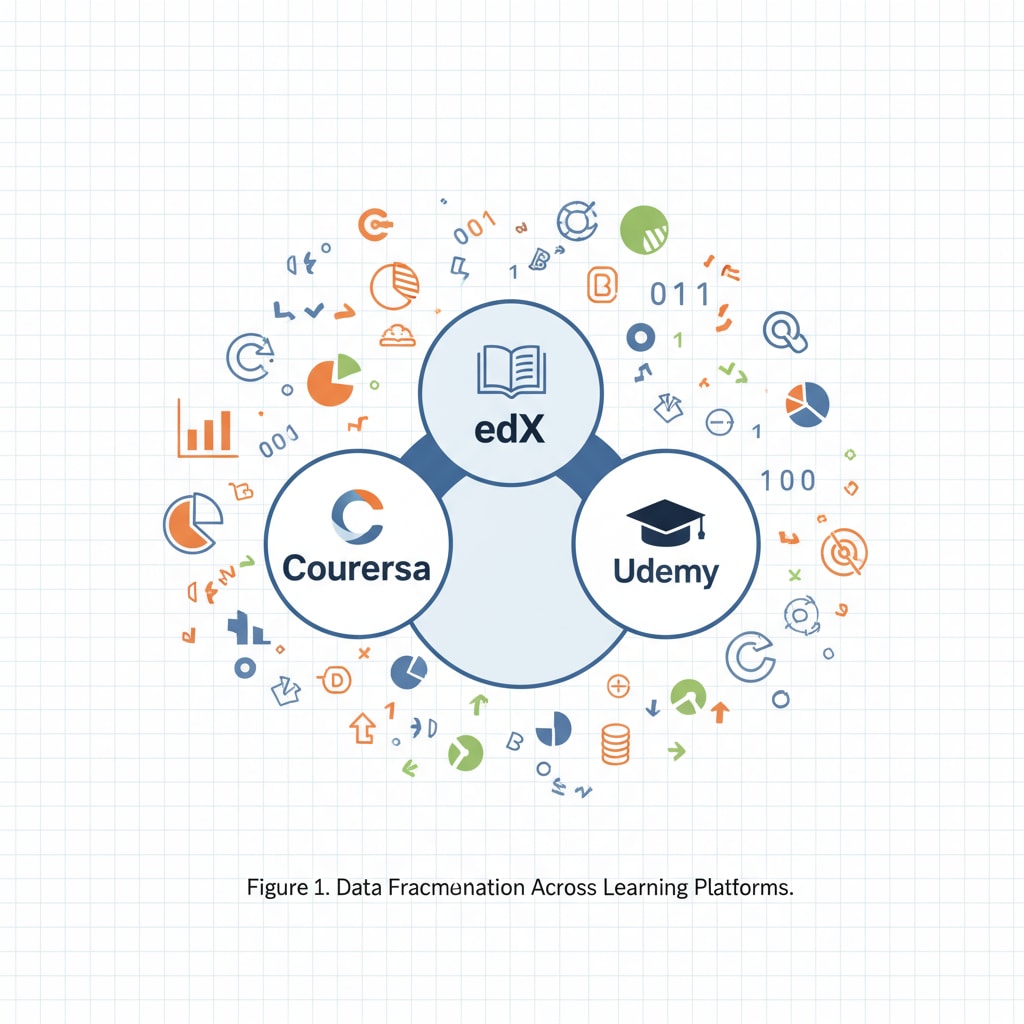 Multiple circles representing different learning platforms are shown, with data symbols scattered around them, indicating the fragmentation of data. A visual of data silos in K12 education with multiple learning platforms