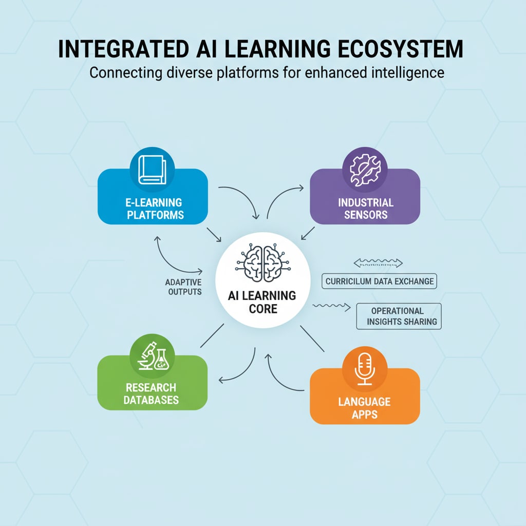 A diagram shows an AI system with arrows connecting different learning platforms, symbolizing the integration of data. An illustration of AI integrating data from various learning platforms in K12 education