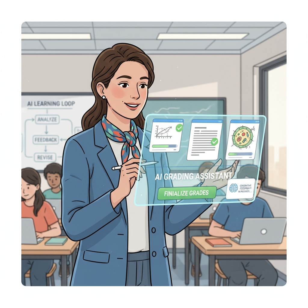 An illustration depicting a teacher using an AI tool to grade student assignments. The teacher is shown looking at a screen with assignment submissions and an AI grading interface. AI-assisted assignment grading by teacher