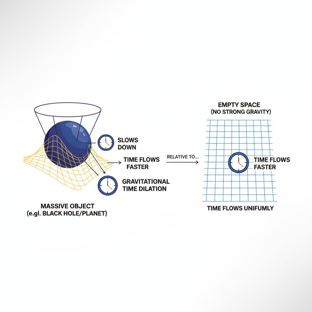 An illustration depicting the difference in the flow of time near a massive object and in space. Gravitational time dilation illustration