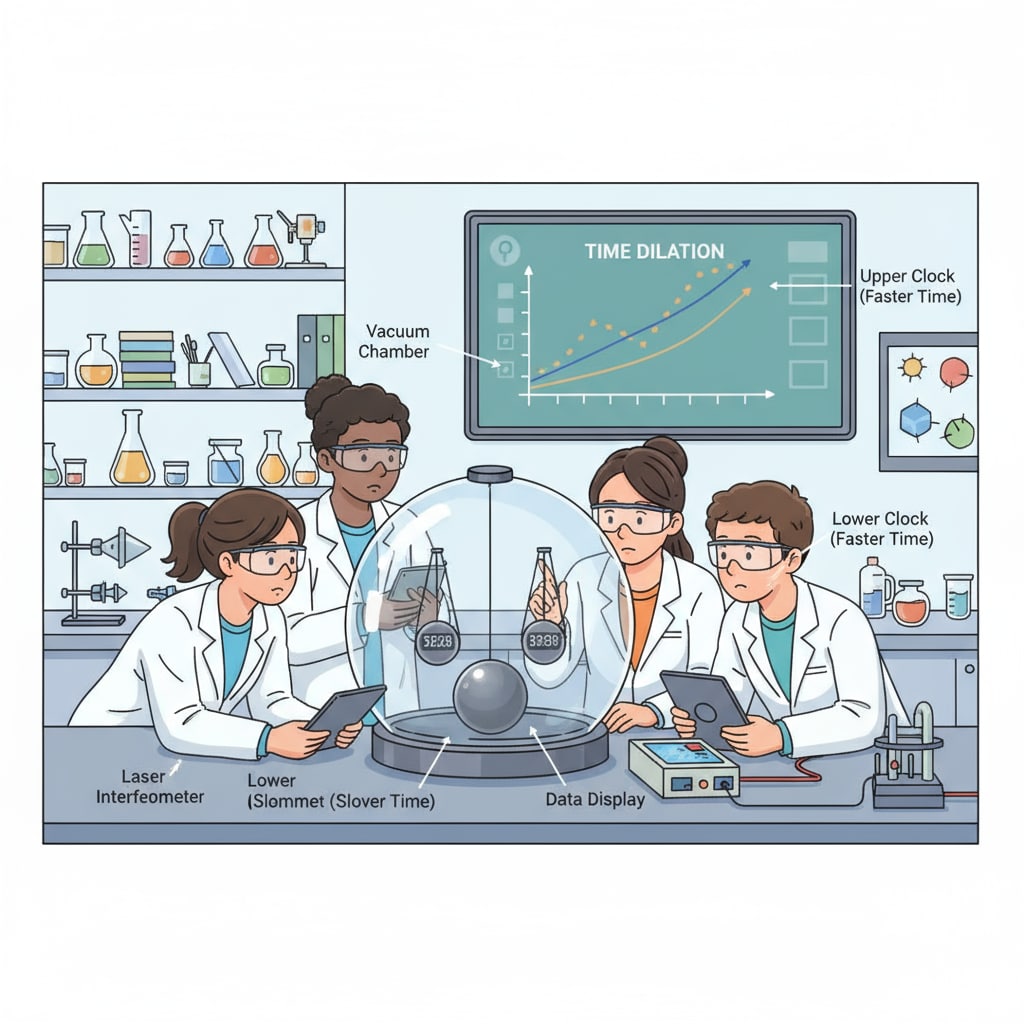 A photo of students engaged in a hands-on experiment related to gravitational effects on time. Students conducting experiment on gravitational time dilation