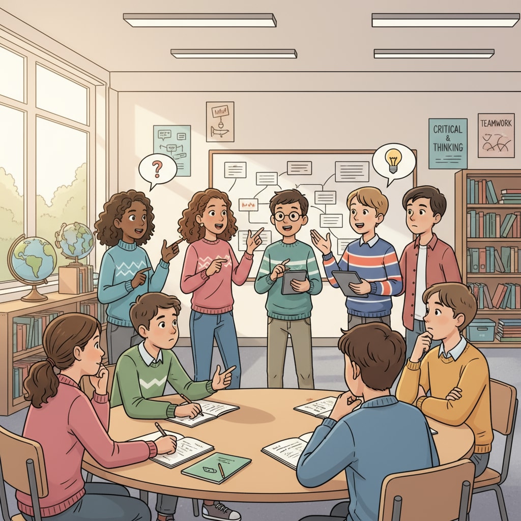 A group of students are engaged in a lively discussion in a classroom. Some are expressing their opinions passionately, while others are listening intently, demonstrating critical thinking and teamwork. Students demonstrating soft skills like critical thinking and teamwork in a classroom