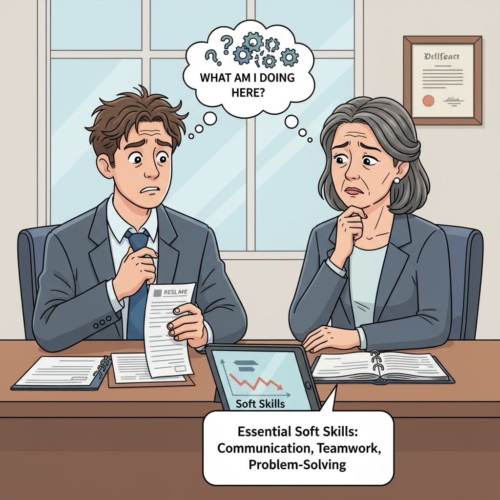 A young student is sitting in a job interview, looking nervous and confused. The interviewer has a concerned expression, indicating that the student may be lacking in essential soft skills for the job. A student facing challenges in a job interview due to lack of soft skills