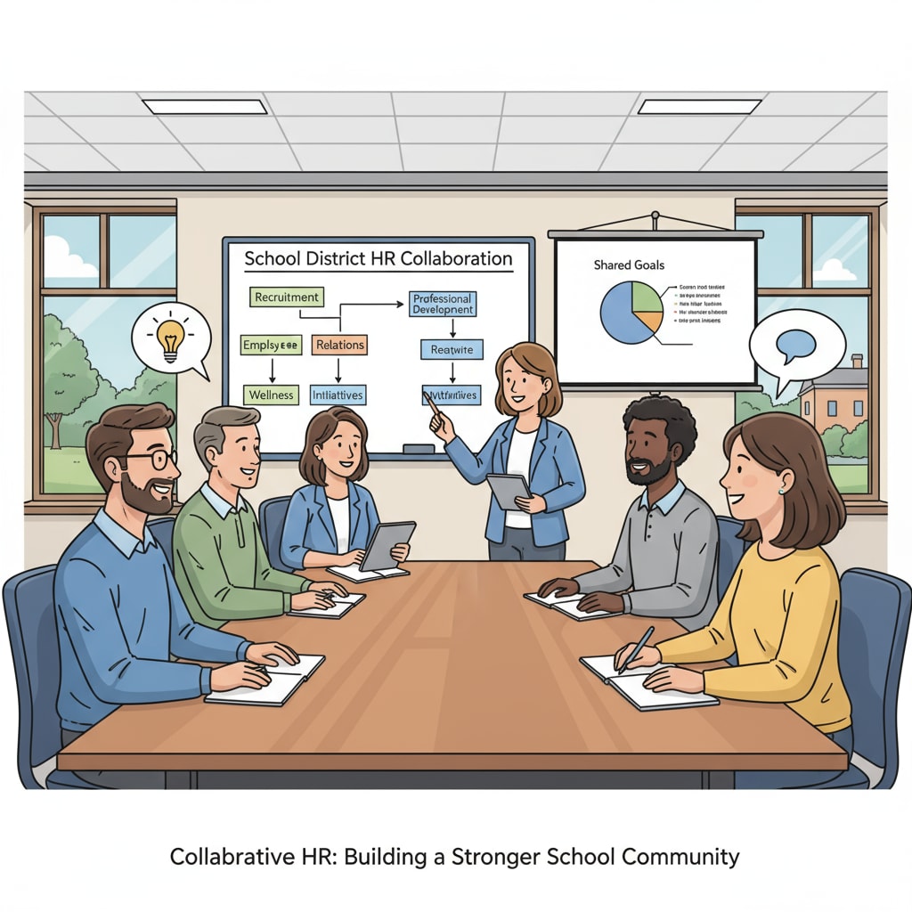 A group of educators and an HR professional are engaged in a discussion in a school meeting room, which shows the collaborative environment in school district HR work. A collaborative scene related to school district HR director's work, involving scope of responsibilities and job evaluation