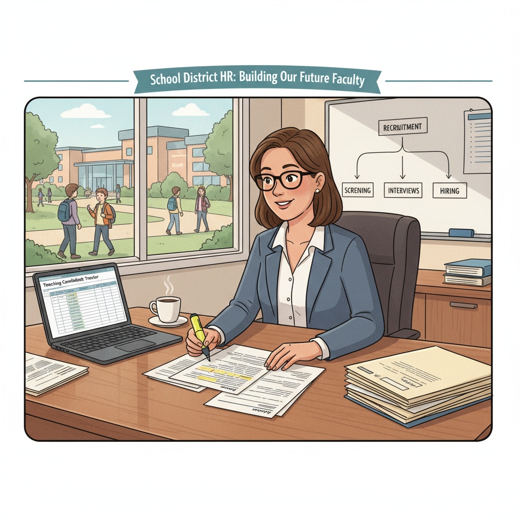 An HR professional is carefully reviewing resumes of teaching candidates, highlighting the recruitment responsibility of school district HR directors. An HR professional performing recruitment tasks as part of school district HR director's responsibilities and job evaluation