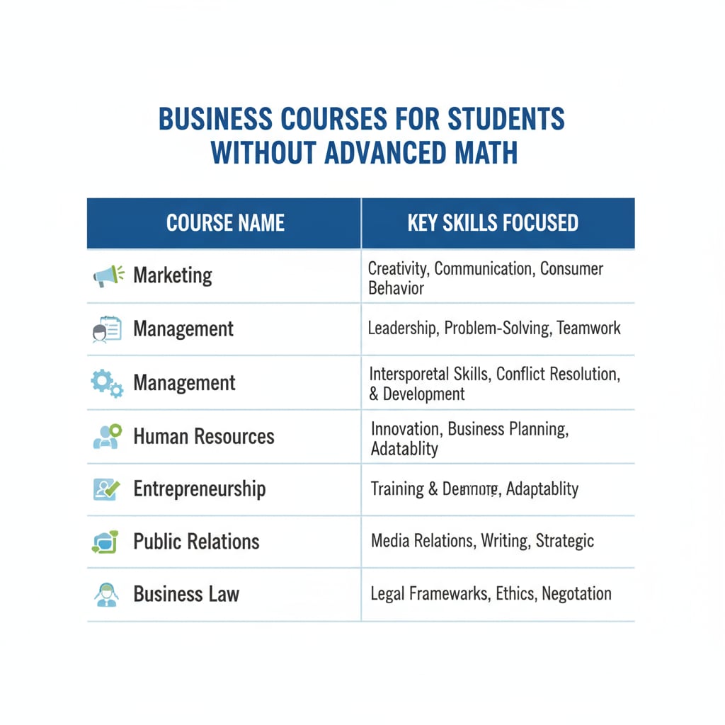 A table shows different business courses suitable for students without math skills, including marketing, management, etc. Business courses for math-free students