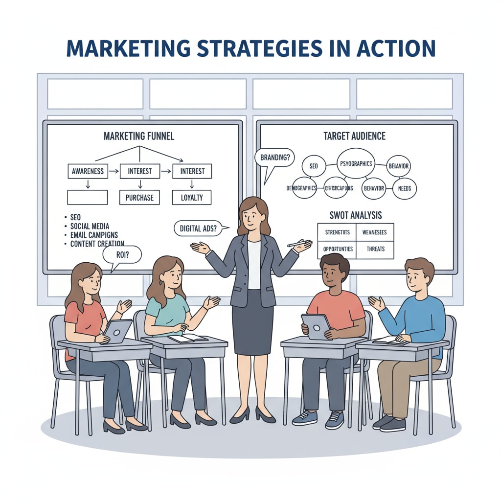 Students are engaged in a discussion about marketing strategies, with whiteboards showing relevant concepts. Marketing discussion in a classroom related to business courses and career planning