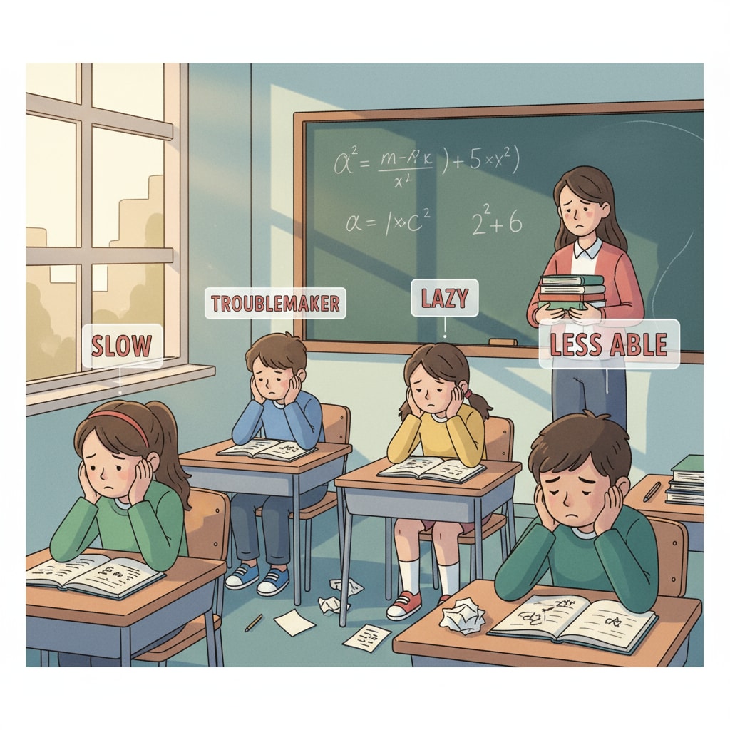 A group of students looking discouraged in a classroom, representing the impact of unfair labeling Students showing signs of discouragement due to unfair teacher labeling in a classroom setting