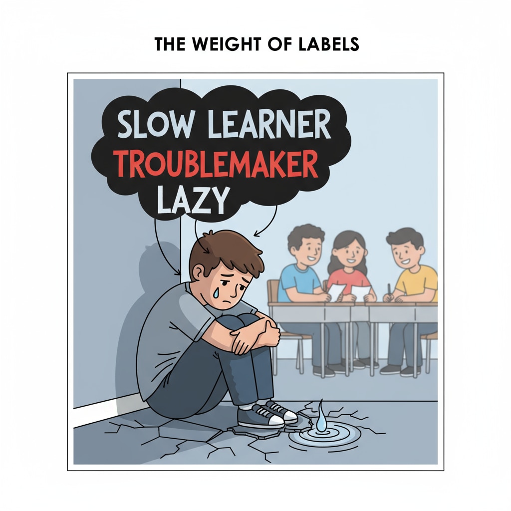 A sad student sitting alone in a corner, depicting the emotional impact of labeling A lonely and sad student in a corner, affected by negative labeling