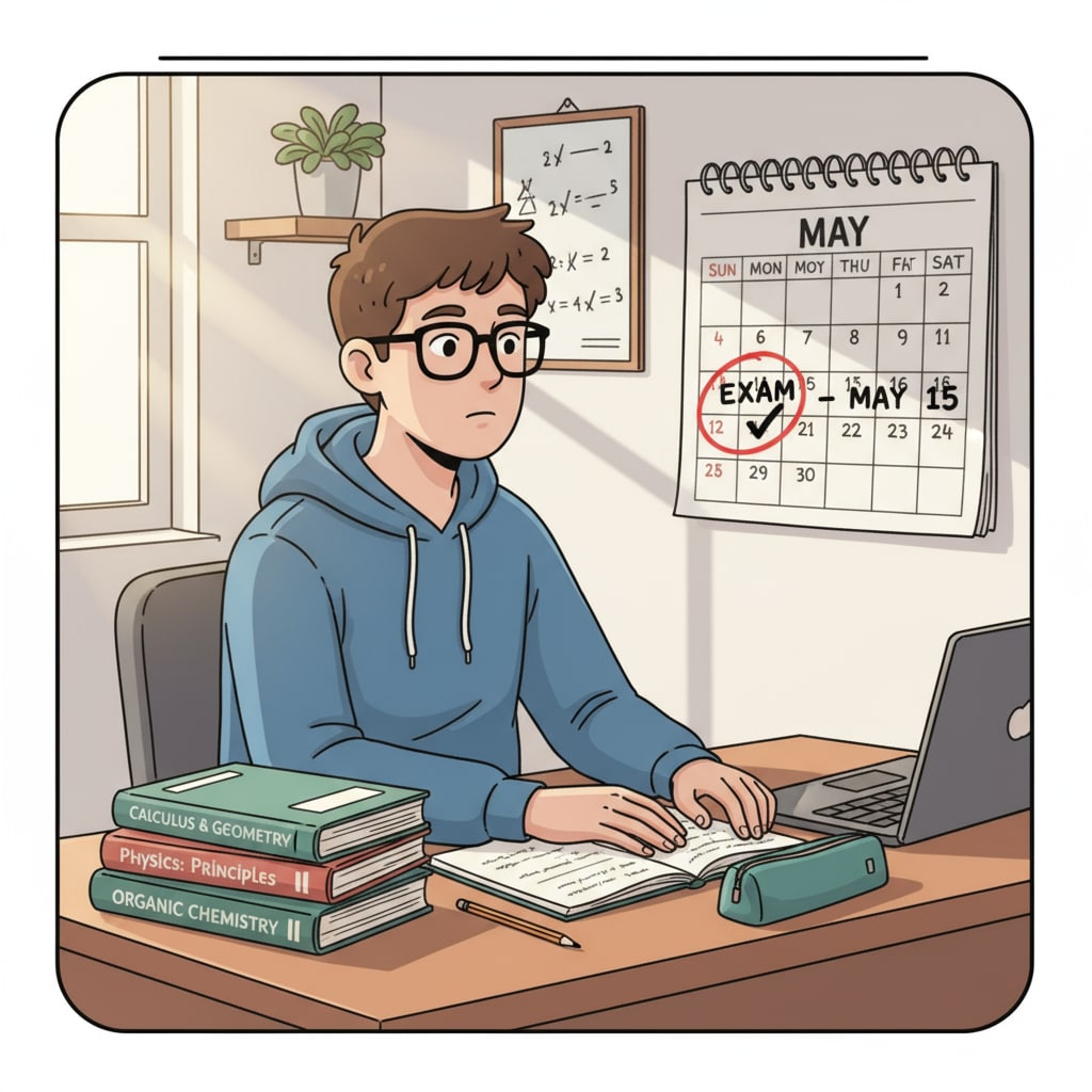 A student managing time for exam preparation with books and a calendar.