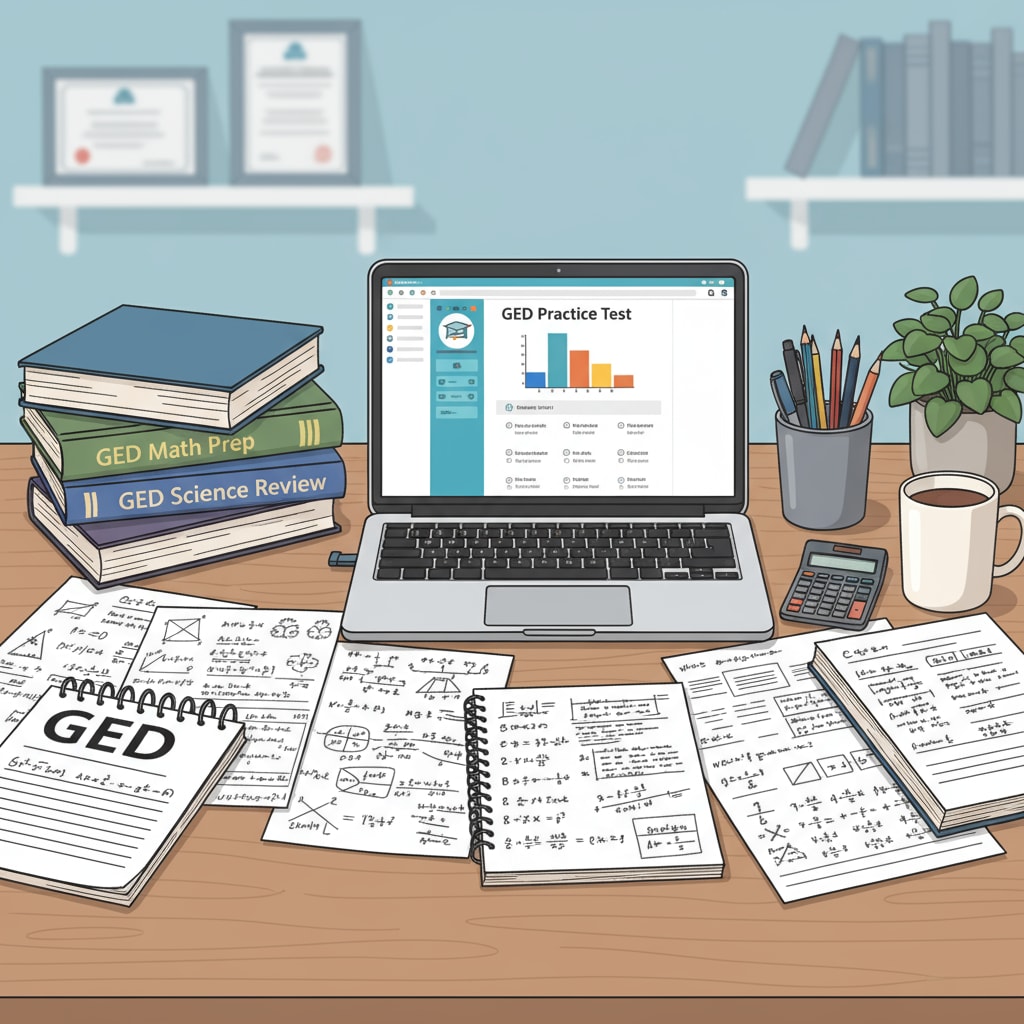 A student studying GED Math and Science materials at a desk