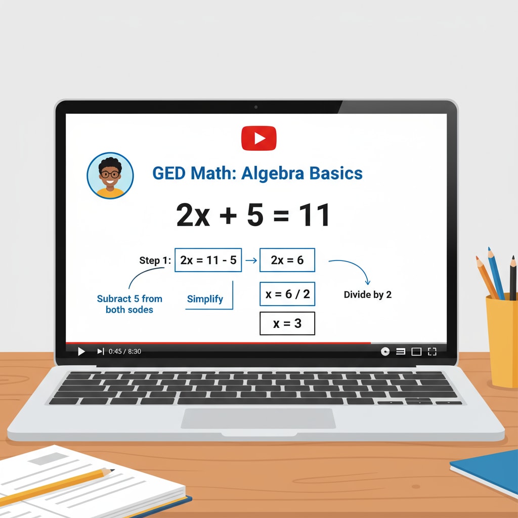 A laptop screen showing a YouTube GED Math tutorial