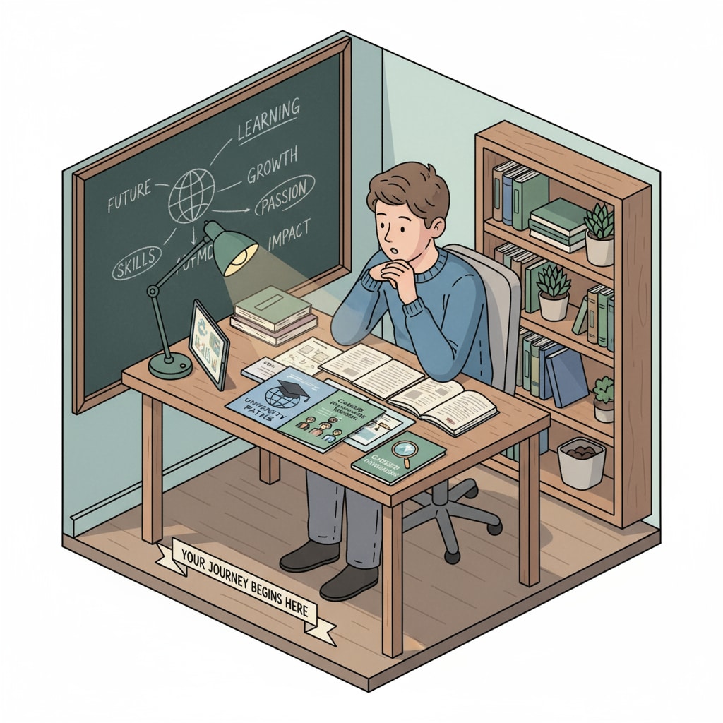 A person is sitting at a desk, looking at educational brochures and career guides, which shows the process of considering further education and career development. A person considering education investment for career advancement