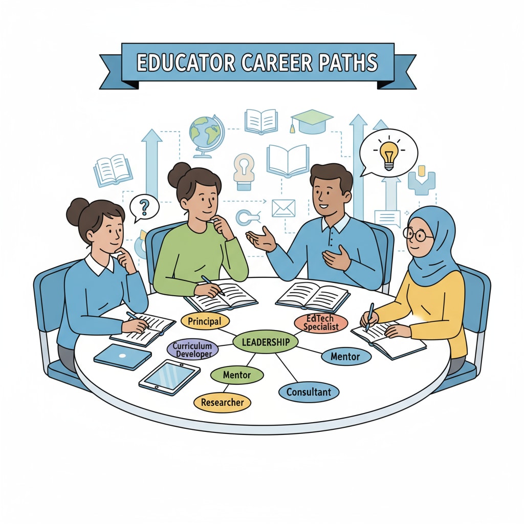 A group of educators are discussing their career paths, representing the exploration of career development among educators. Educators discussing career development related to education investment