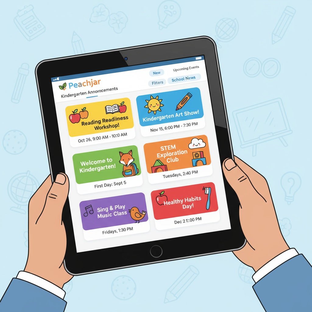 A screenshot of the Peachjar platform interface showing various kindergarten announcements. A view of the Peachjar platform used in public kindergartens with announcements.