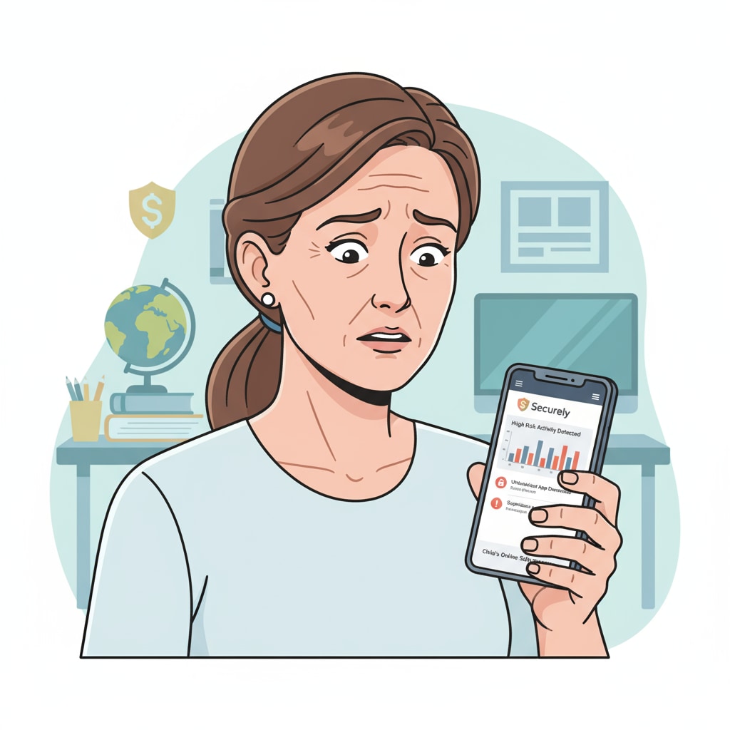 A parent looking worried while holding a mobile phone showing the Securely platform. A concerned parent viewing the Securely platform on a mobile phone in the context of public kindergarten.