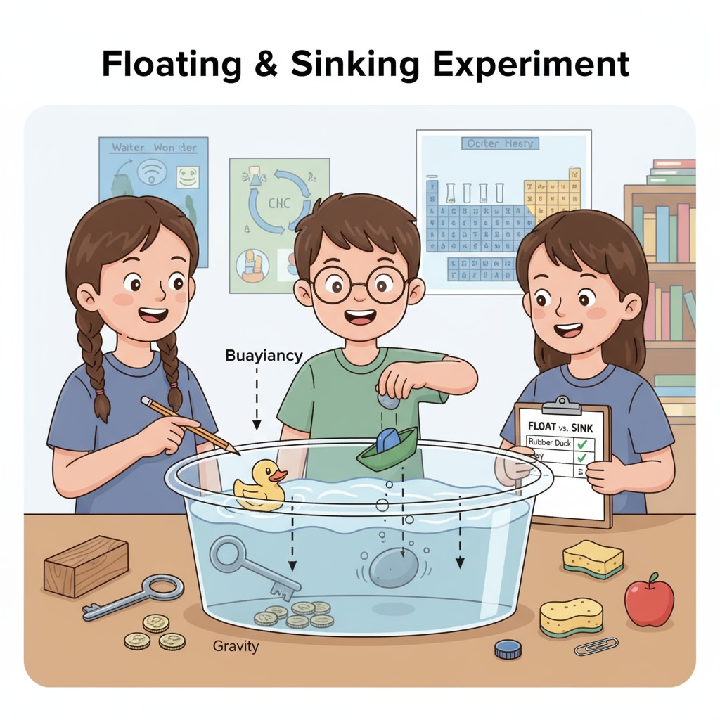 Students are conducting a floating and sinking experiment, observing different objects in a water tub. Children conducting a science experiment on floating and sinking