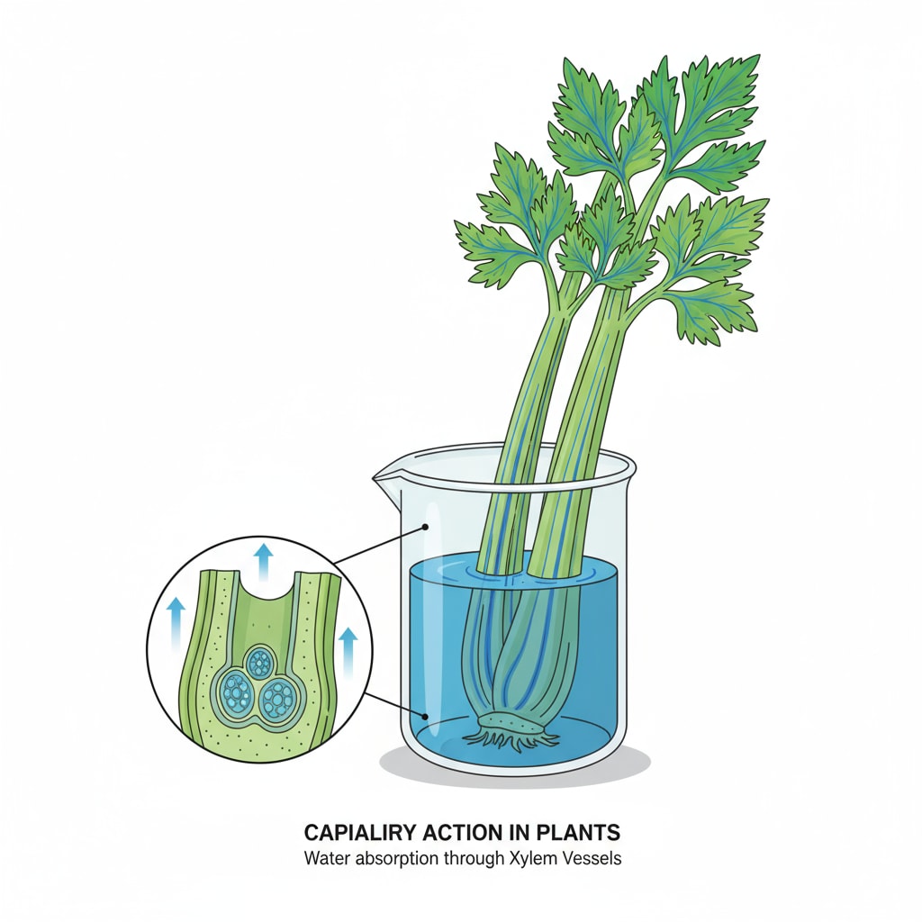 A celery stalk is placed in a glass of colored water, showing the colored veins as it absorbs the water. A science experiment with colored celery for children
