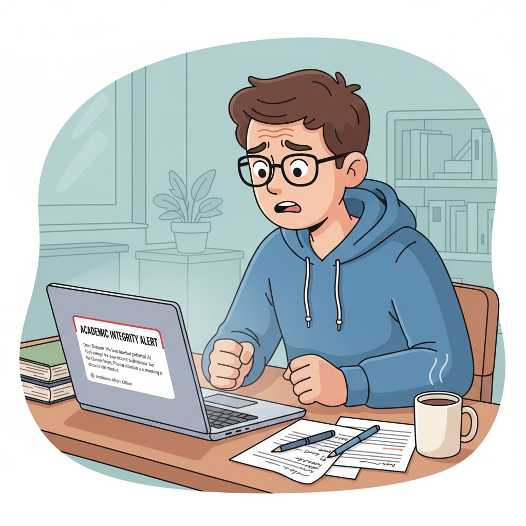 A student is sitting at a desk, looking worried as they stare at a laptop screen. The screen shows an email notification about an alleged AI use accusation. A worried student facing an AI false accusation