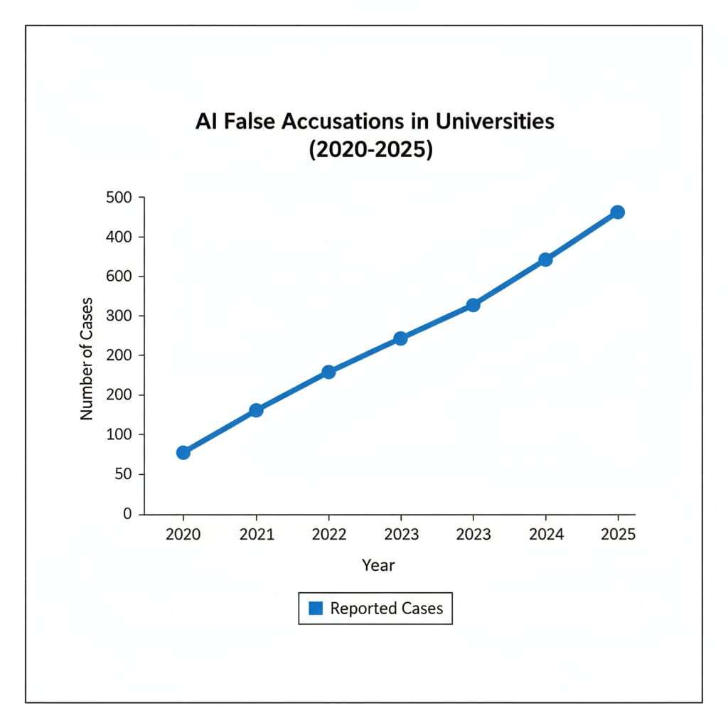 A line graph with the x-axis representing years from 2020 to 2025 and the y-axis showing the number of AI false accusations in universities. The line shows a steady upward trend. Graph depicting the rise in AI false accusations in universities