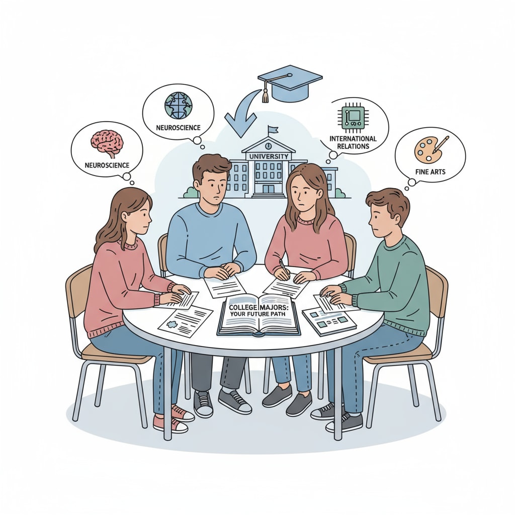 A group of high school students are sitting around a table, discussing different college majors with serious expressions on their faces. High school students engaged in professional choice, career planning, and interest exploration discussions