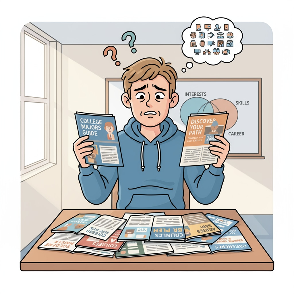 A young student is sitting at a desk, looking at brochures about different college majors with a confused look. Student facing the dilemma of professional choice, career planning, and interest exploration