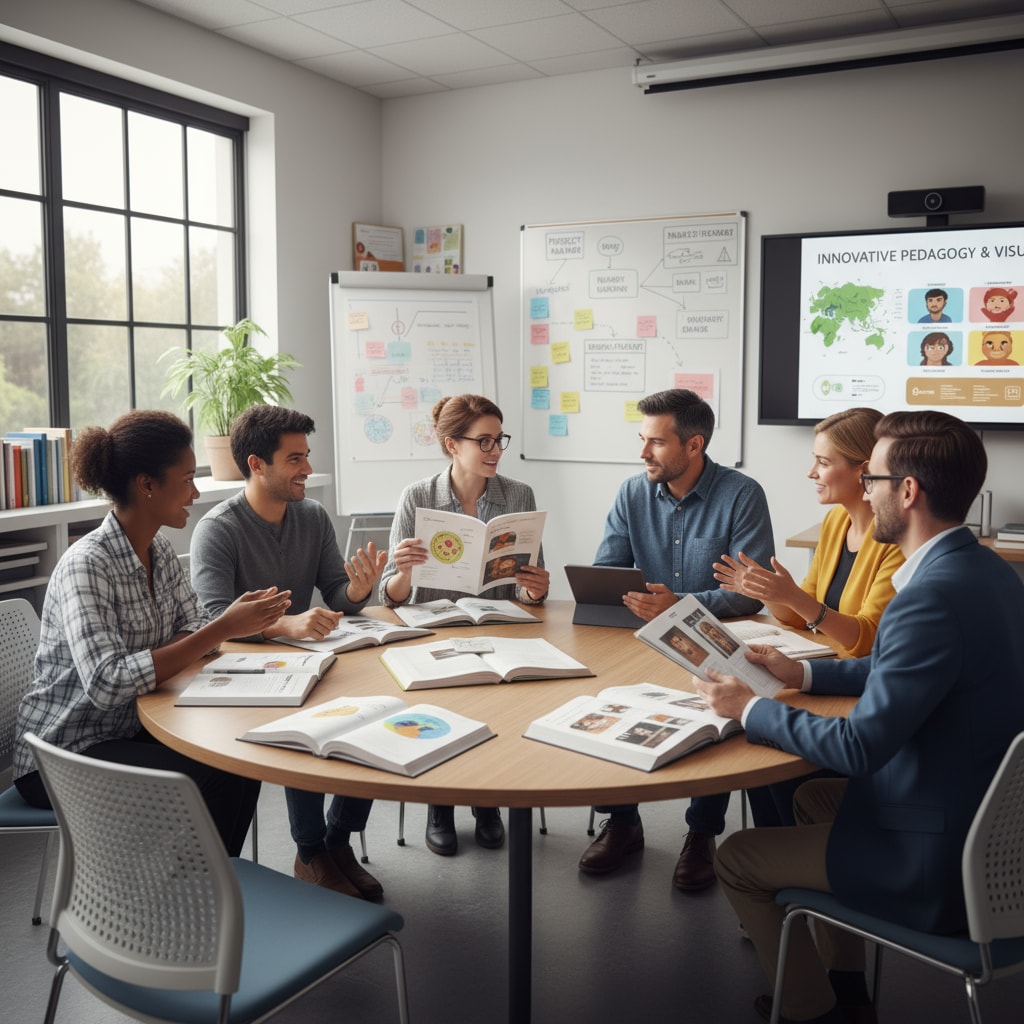 Educators discussing teaching methods in a modern classroom related to teaching effectiveness, postgraduate programs, and modern teaching technologies