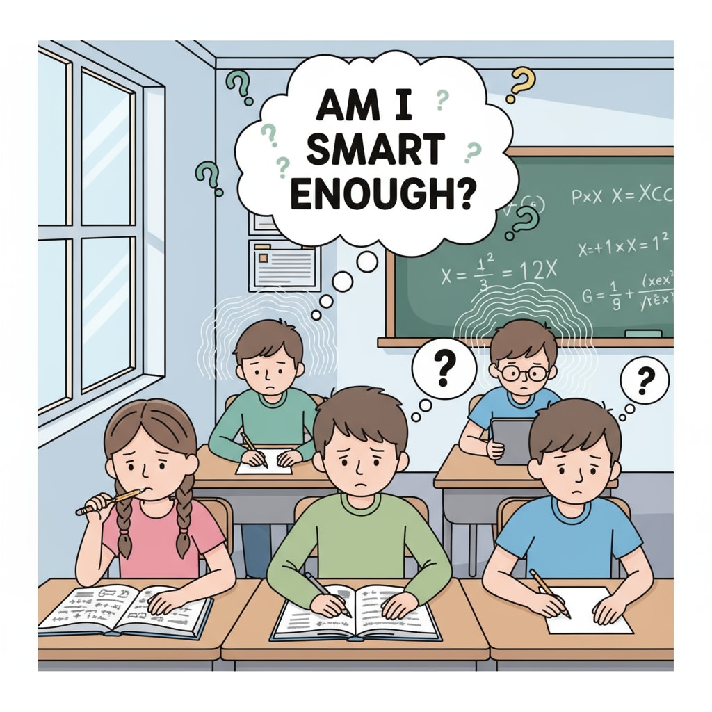 A group of K12 students sitting in a classroom, looking a bit worried. This shows the common situation of students who may be experiencing self-doubt in an educational environment. K12 students showing signs of self-doubt about their intelligence and learning abilities in a classroom.