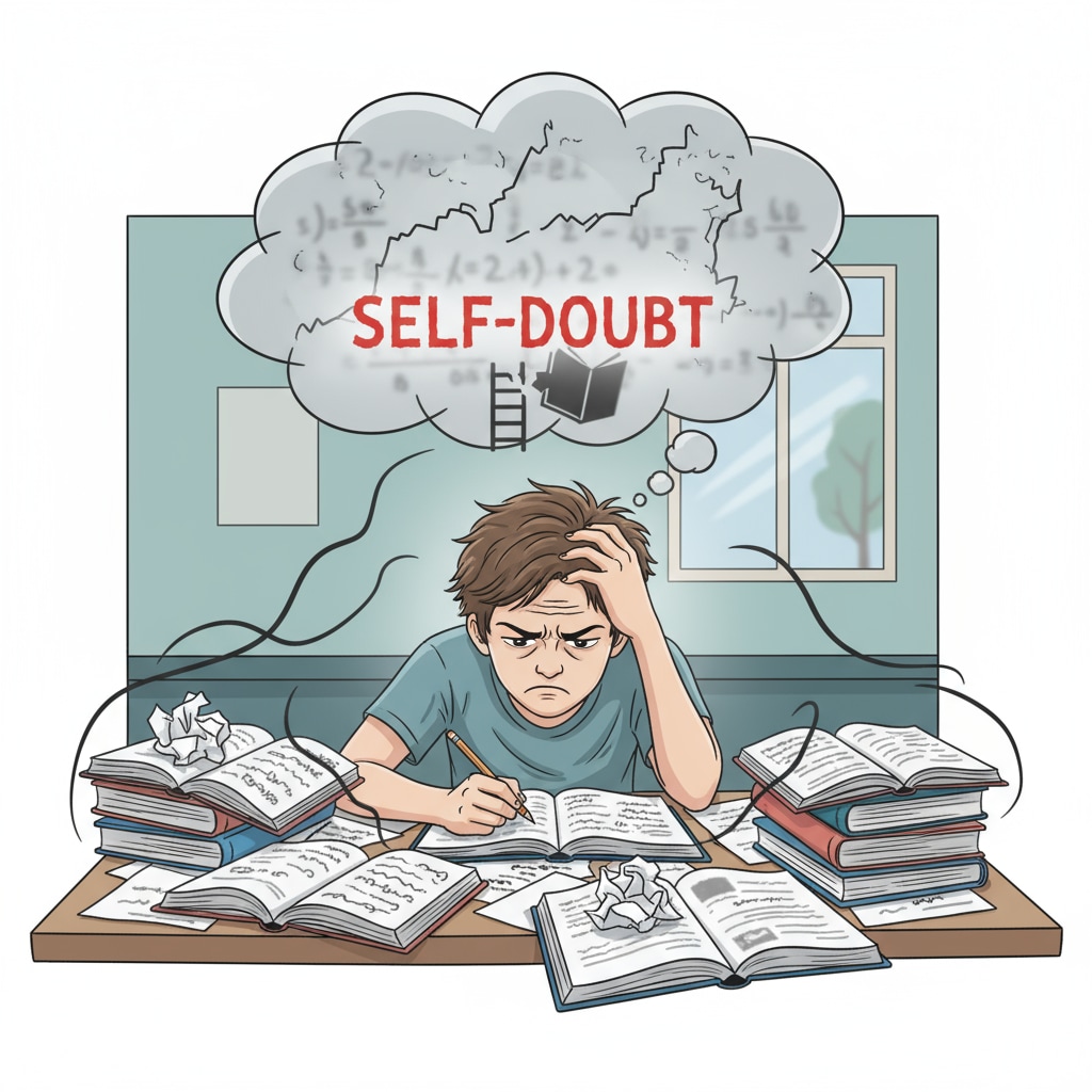 A student sitting at a desk, looking frustrated with books and papers around. It depicts the state of a student who is affected by self-doubt, which impacts their learning ability. A frustrated student affected by self-doubt about intelligence and learning abilities.