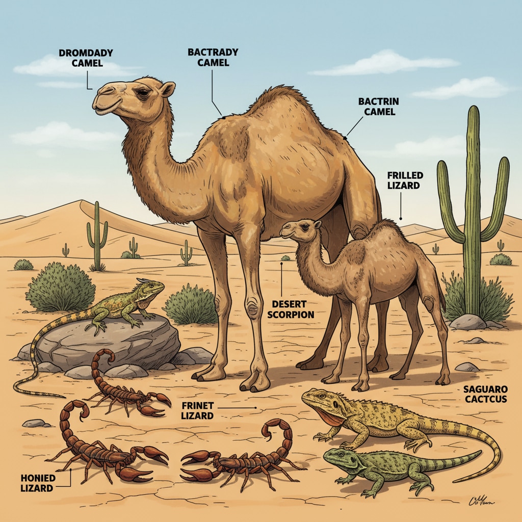 A group of desert animals such as camels, scorpions, and lizards in their natural arid habitat Desert animals showing their evolutionary adaptations and survival mechanisms in their natural habitat