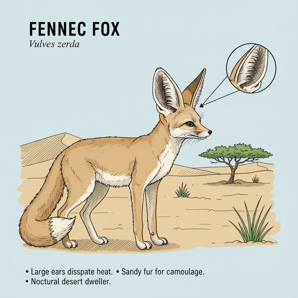 A fennec fox with its large ears in the desert A fennec fox demonstrating its unique evolutionary adaptation in the desert