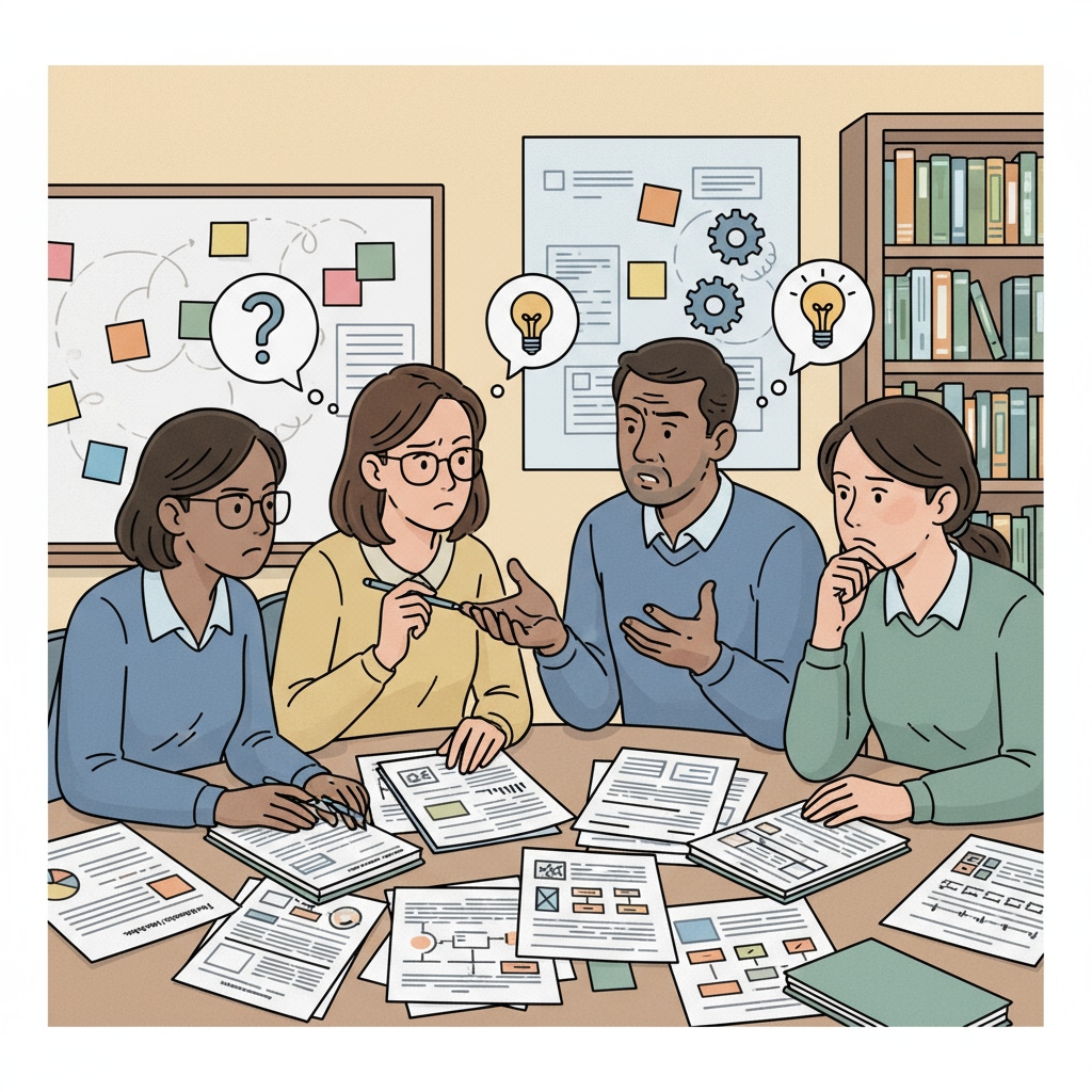 A group of special educators engaged in a discussion while looking at IEP documents, showing their concentration on understanding the complex information. Special educators trying to overcome IEP understanding difficulties in special education.