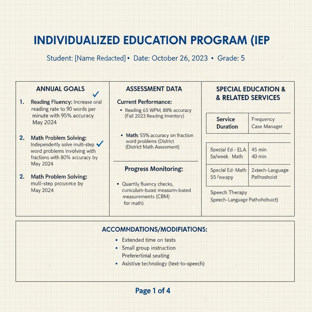 A close-up view of an IEP document page with various details such as goals, assessments, and services, highlighting the complexity of the information. Close-up of an IEP document presenting the challenges of understanding in special education.