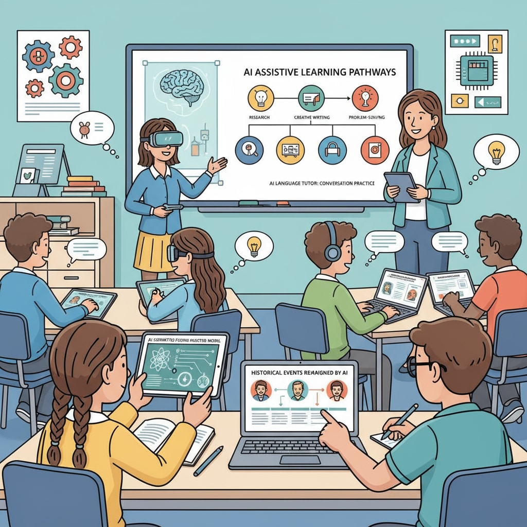 A scene showing students using AI tools in a classroom, with some looking at their devices where AI-generated content is displayed. Students using AI tools for content generation in a classroom setting related to AI detectors, manual input, and content paraphrasing