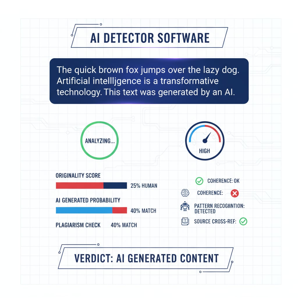 A visual representation of an AI detector software analyzing a block of text, with graphs and indicators showing the analysis process. An AI detector analyzing text for signs related to AI origin in the context of AI detectors, manual input, and content paraphrasing