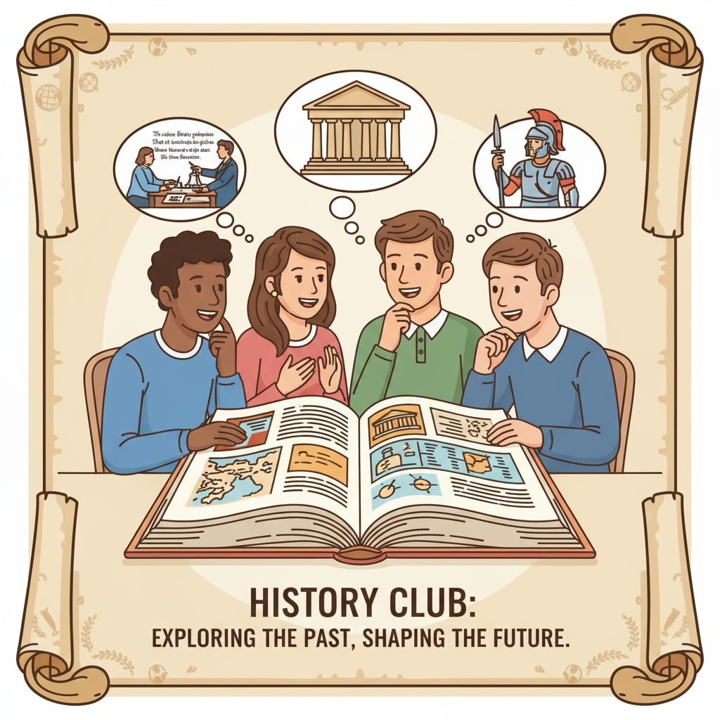 A group of students in a history club are engaged in a lively discussion about historical events, which is beneficial for college application and history education. Students in a history club discussing historical events, relevant to teacher career, college application, and history education
