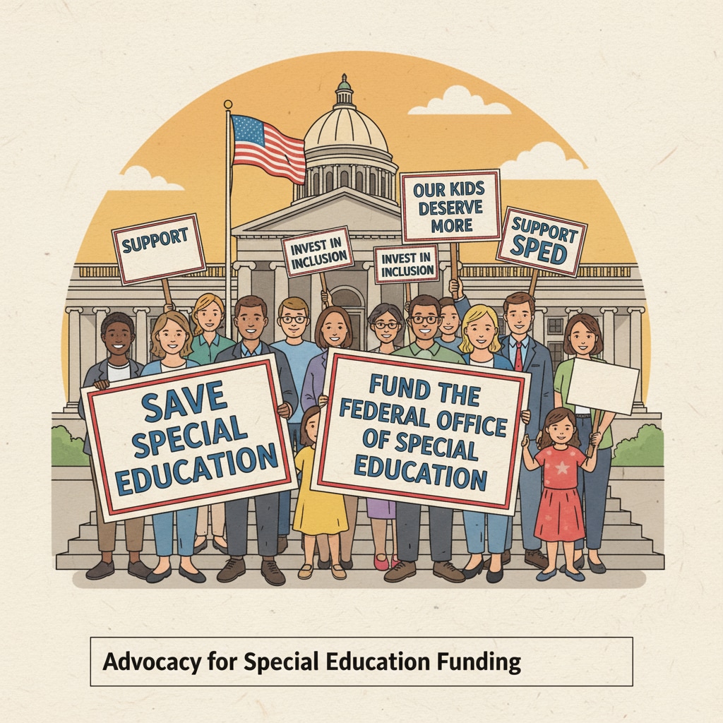 A group of educators and parents are standing outside a government building, holding signs that say things like  Educators and parents demonstrating in support of the Federal Office of Special Education during government shutdown and federal funds crisis